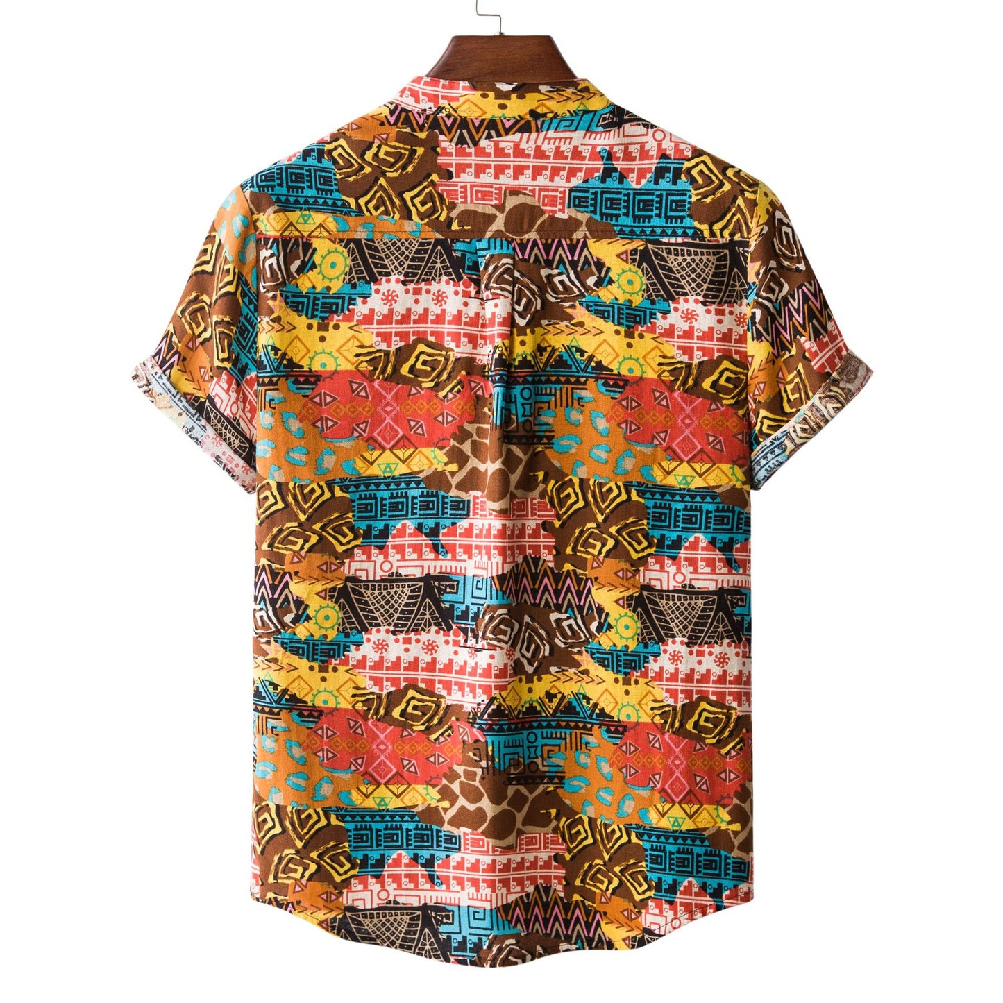 Men's casual cotton and linen printed short-sleeved shirt