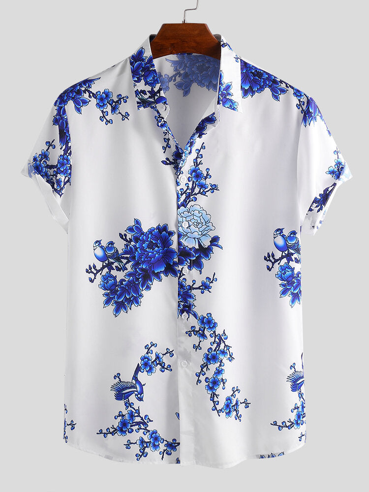 Mens Chinese Style Porcelain Floral Printed Short Sleeve Turn Down Collar Casual Shirt