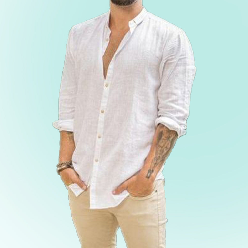 Men's casual fashion loose cotton and linen long-sleeved shirt, home casual style