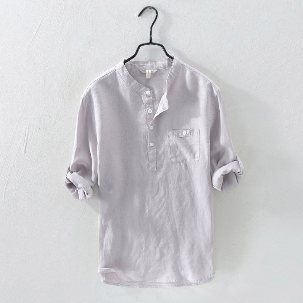 Men's casual cotton and linen round neck button down shirt