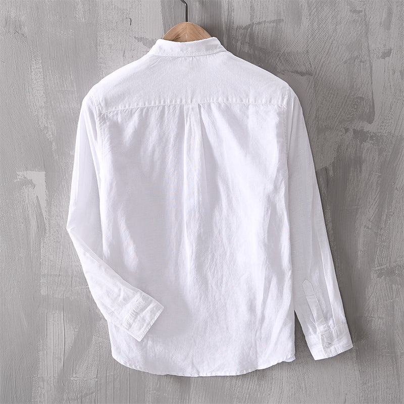 Men's casual cotton and linen printed long-sleeved shirt