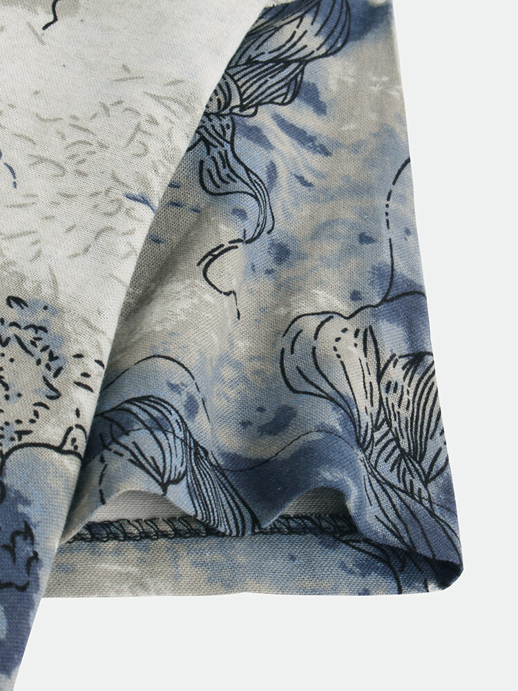Mens Chinese Style Abstract Printing Short Sleeve Loose Casual Shirts