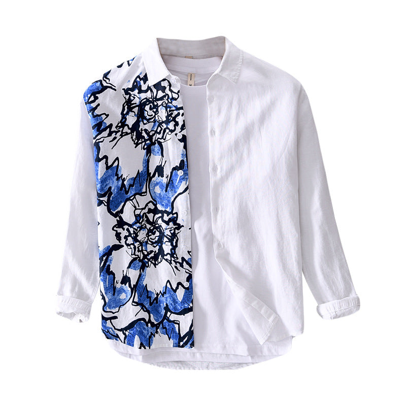 Men's casual cotton and linen printed long-sleeved shirt