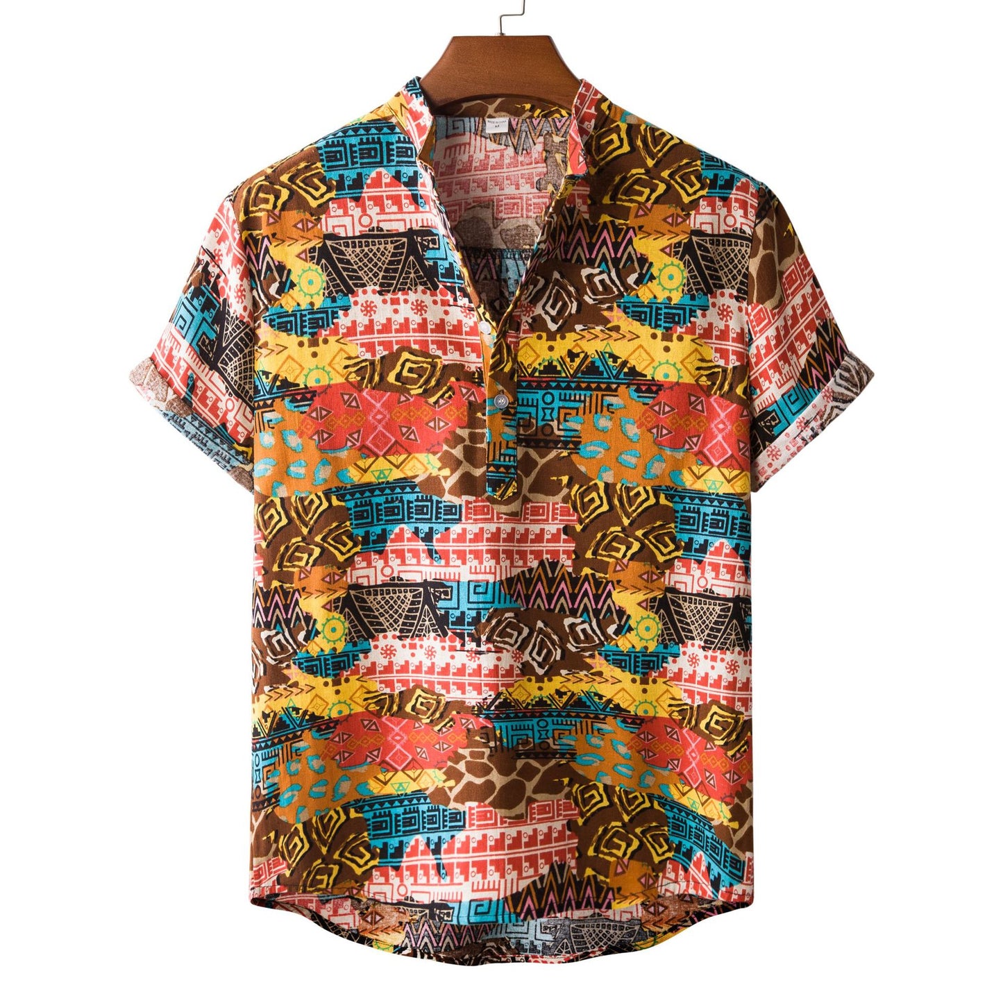 Men's casual cotton and linen printed short-sleeved shirt