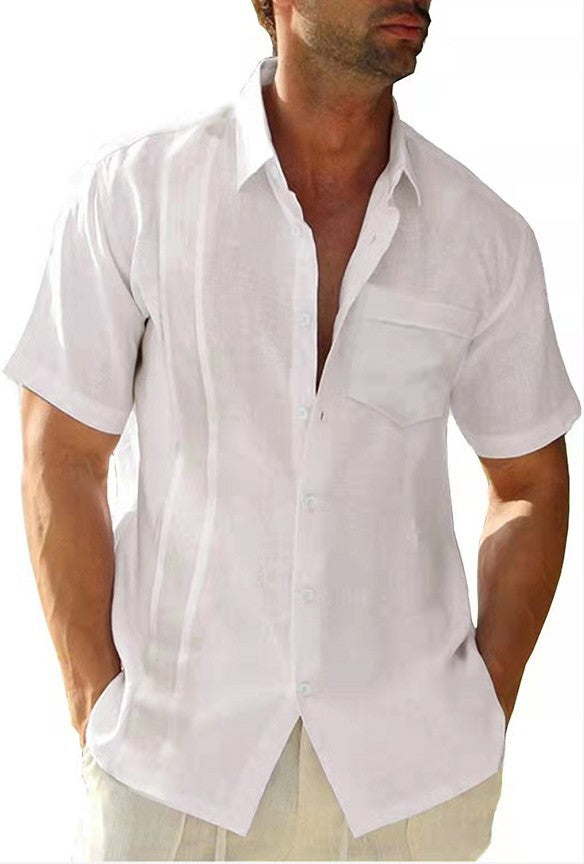 Men's short-sleeved button collar pocket solid color linen shirt