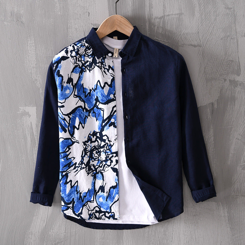 Men's casual cotton and linen printed long-sleeved shirt