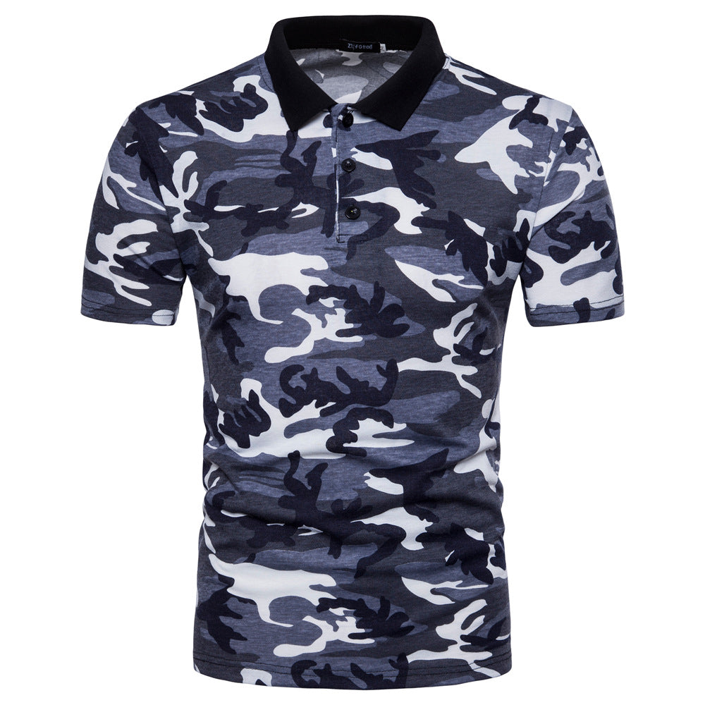 Men's Large Size Camouflage Print Slim Fit Business Casual Lapel Collar Polo Shirts Golf Shirt
