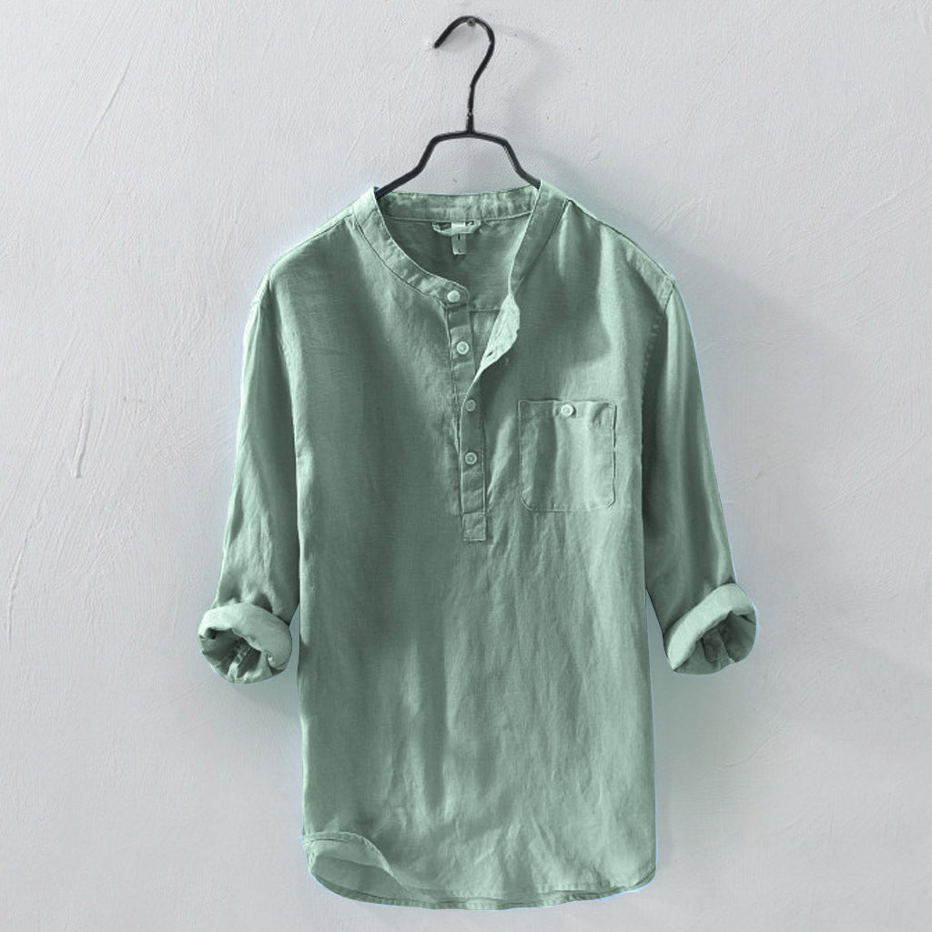 Men's casual cotton and linen round neck button down shirt