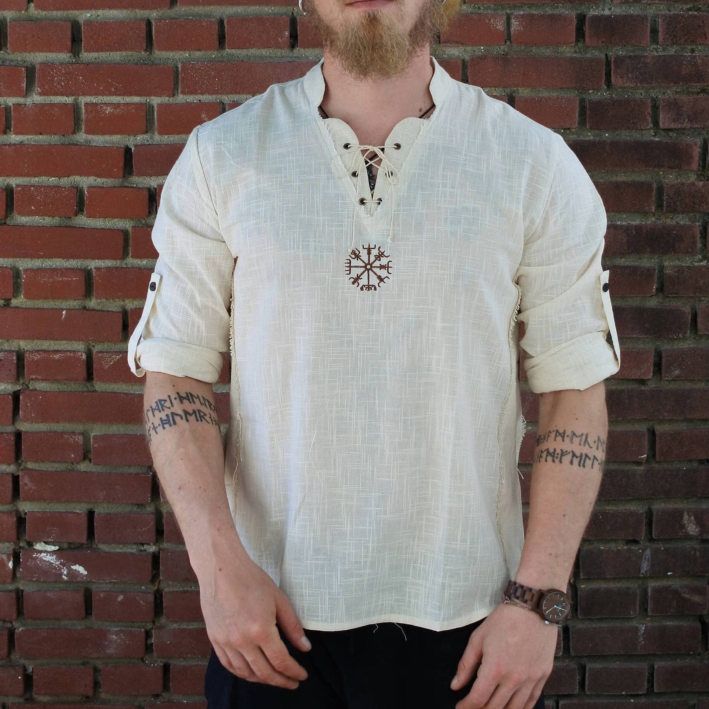 Men's casual cotton and linen V-neck tie long-sleeved shirt