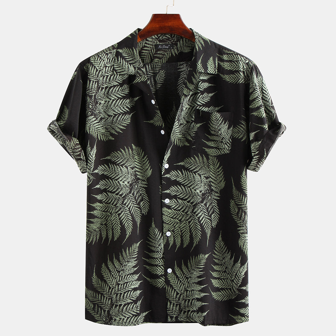 Mens 100% Cotton Leaf Printed Chest Pocket Turn Down Collar Short Sleeve Shirts