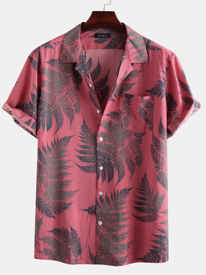 Mens 100% Cotton Leaf Printed Chest Pocket Turn Down Collar Short Sleeve Shirts